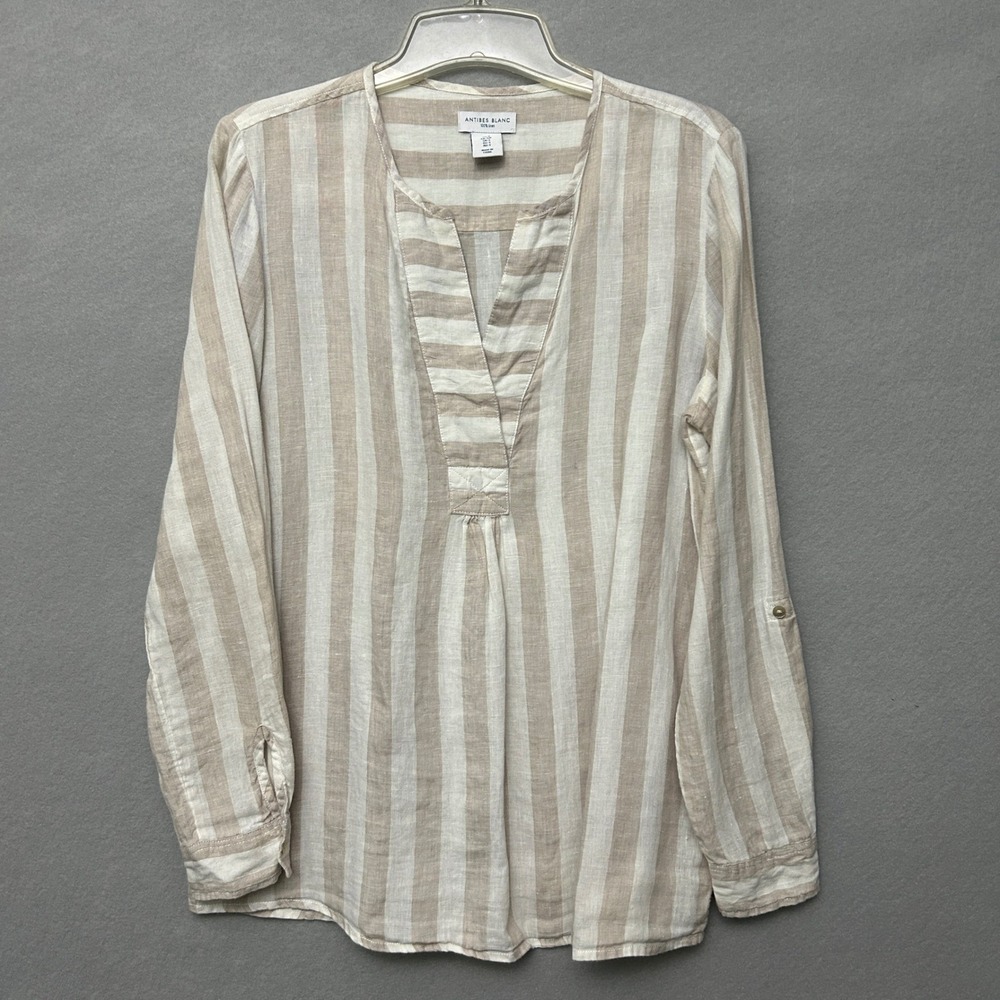 Antibes Blanc Women S Top Ivory Tan Striped Linen Long Sleeve Roll Tab Tunic